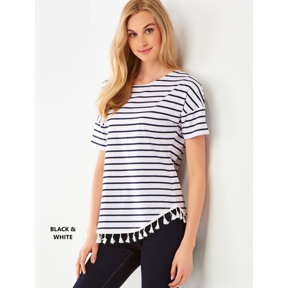 Charlie Paige Black White Striped Fringe Top - Picture 1 of 7
